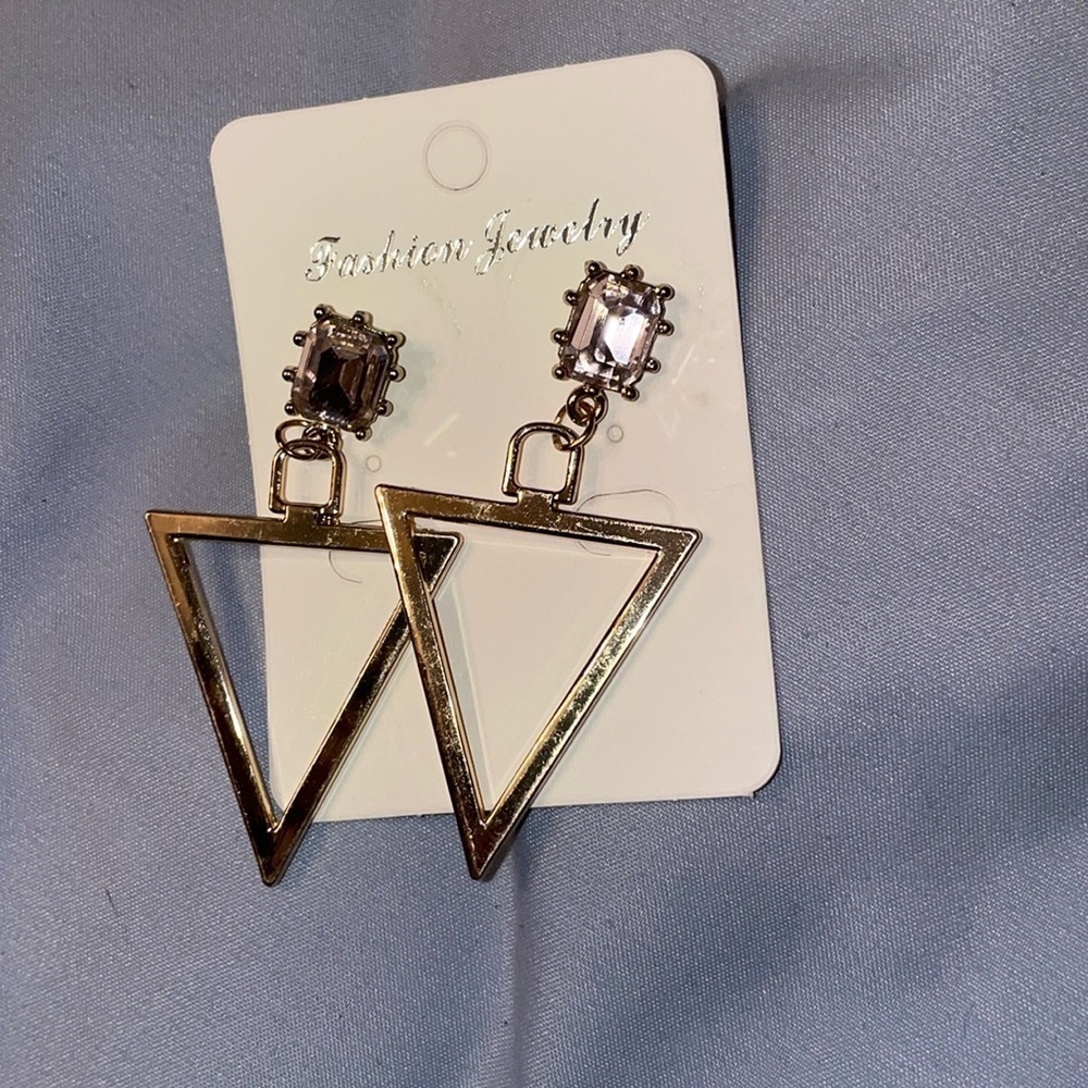 Gold triangle light pink gem rhinestone earring dangle drop